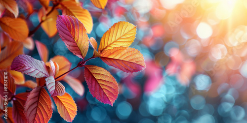 Abstract autumn nature background, with leaves, glowing sun and warm seasonal colors © VertigoAI