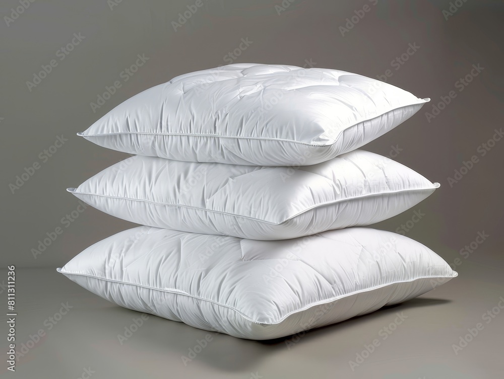 Three fluffy white pillows stacked neatly on top of each other against a plain background. Three fluffy white pillows stacked neatly on top of each other against a plain background.