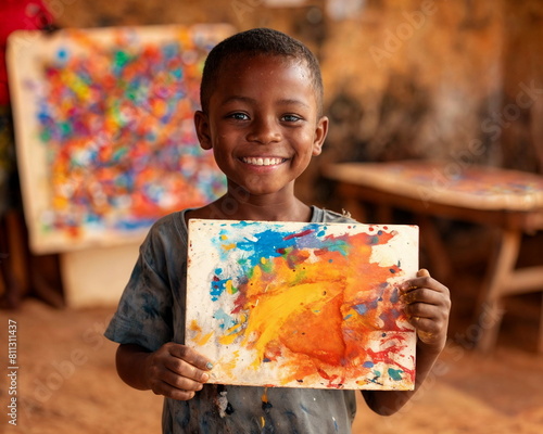 A child with artwork, expressing creativity and talent. International Day of the African Child. ?ultural presentations, diverse community poster, happy childhood concept.