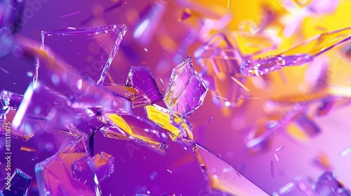 Contemporary tech backdrop with glossy shattered glass. Dynamic, purple and yellow 3D illustration. realistic