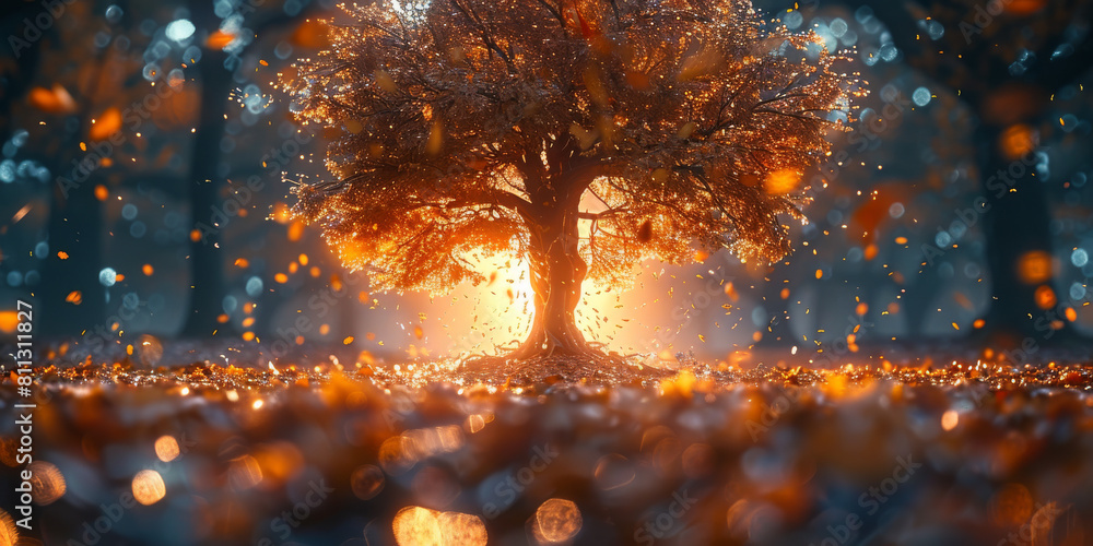 Fototapeta premium Abstract autumn nature background, with leaves, glowing sun and warm seasonal colors