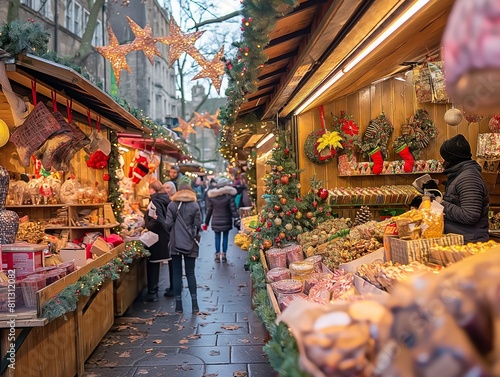 A busy street with a Christmas market. People are walking around and shopping. There are many Christmas decorations, including wreaths and stars