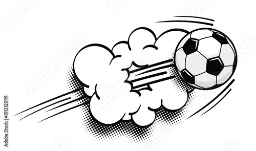 Soccer football ball fly at high speed and breaks through the cloud. Vector on transparent background in comic style 