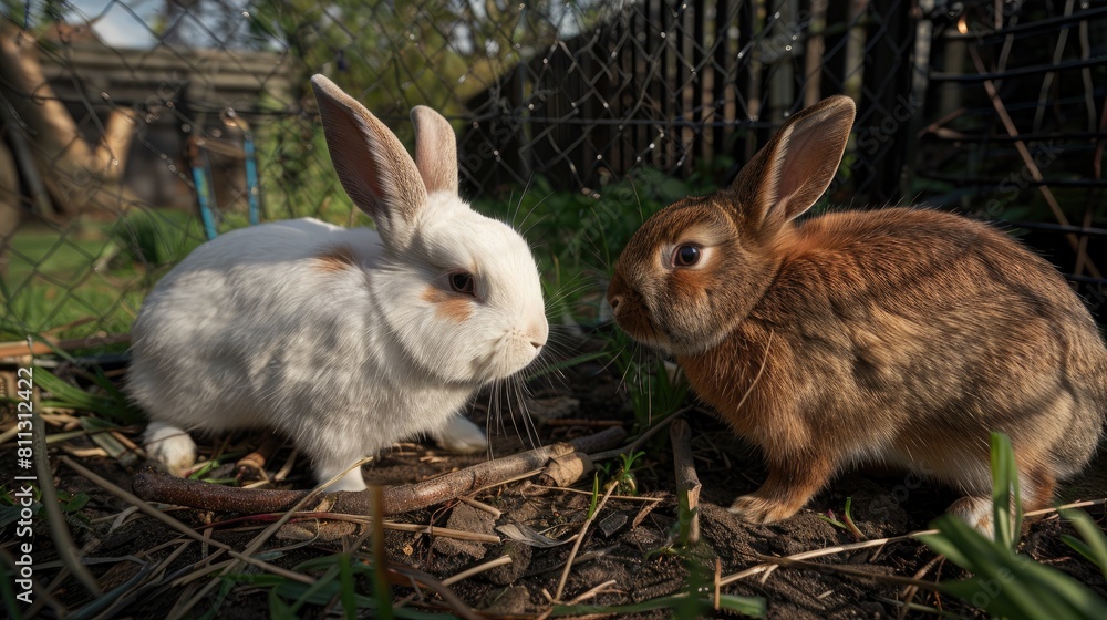 two adorable bunnies, one white and one brown with lop ears, frolicking together amidst lush green grass near a charming fence.