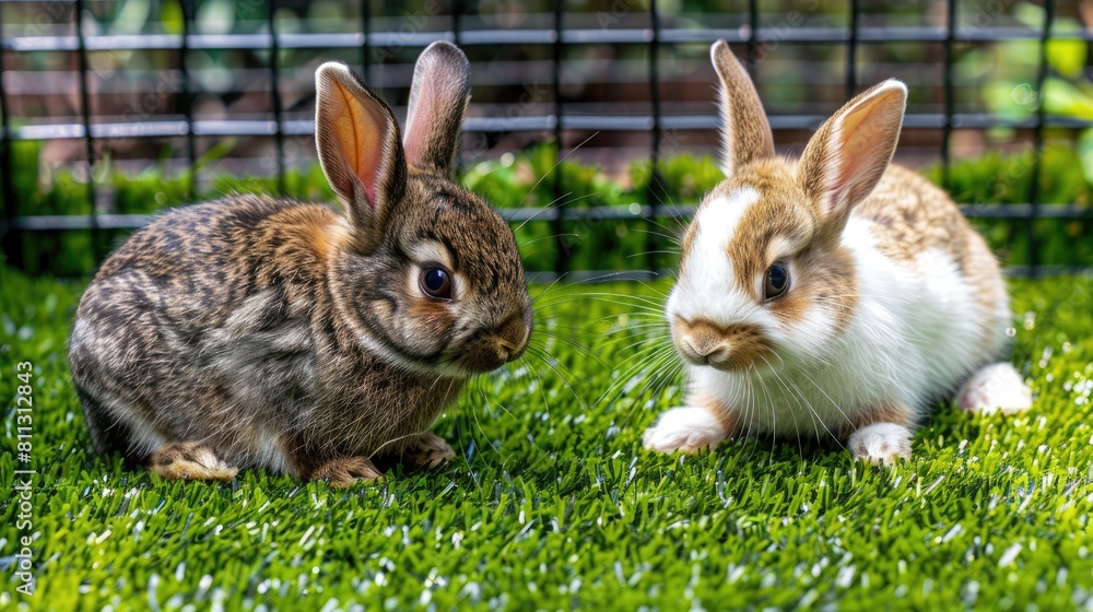 two adorable bunnies, one white and one brown with lop ears, frolicking together amidst lush green grass near a charming fence. two adorable bunnies, one white and one brown with lop ears, frolicking together amidst lush green grass near a charming fence.