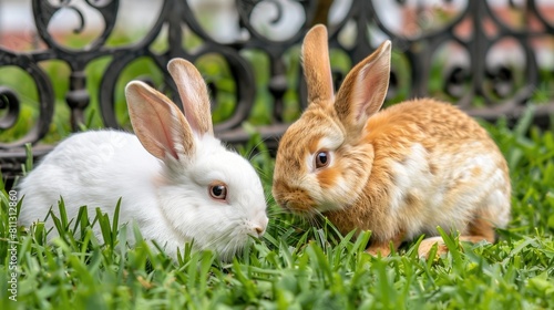 two adorable bunnies, one white and one brown with lop ears, frolicking together amidst lush green grass near a charming fence.