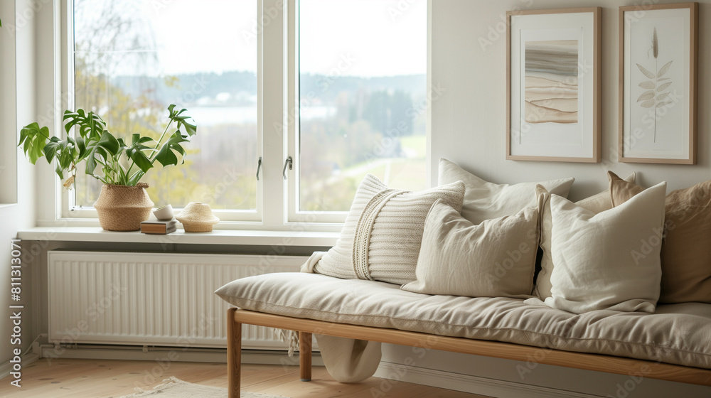 Minimalist Living Room with Wooden Bench and Indoor Plant Minimalist Living Room with Wooden Bench and Indoor Plant