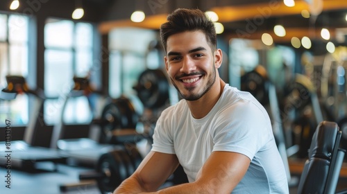 Happy young fitness man sitting at the gym after his workout exuding confidence and motivation with a joyful smile © AkuAku