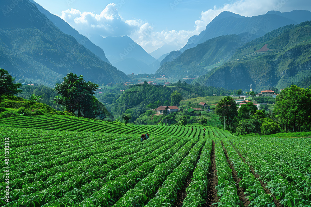 A panoramic view of the tea garden in M Champions, Vietnam surrounded by lush green mountains and fields. Created with Ai