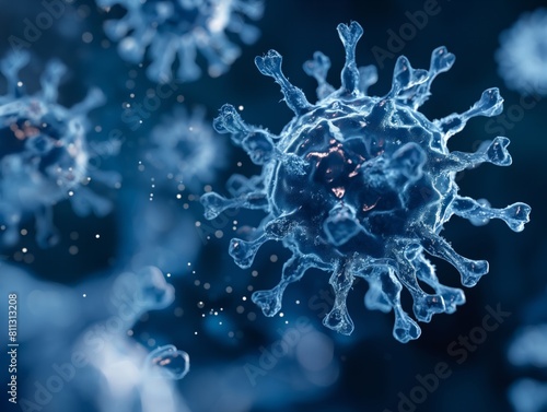 A blue virus is shown in a close up