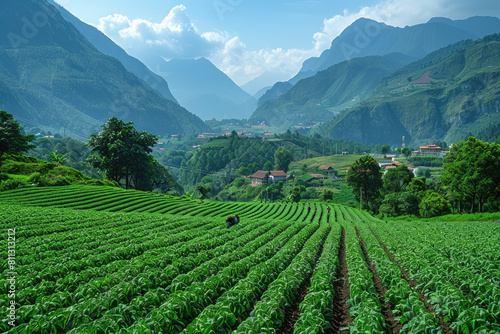 A panoramic view of the tea garden in M Champions  Vietnam surrounded by lush green mountains and fields. Created with Ai