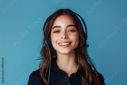 Experience the essence of professionalism and approachability with this hyper-realistic portrait of a smiling female call centre representative photo