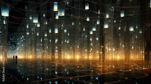 Futuristic wireframe mesh structures in a virtual environment