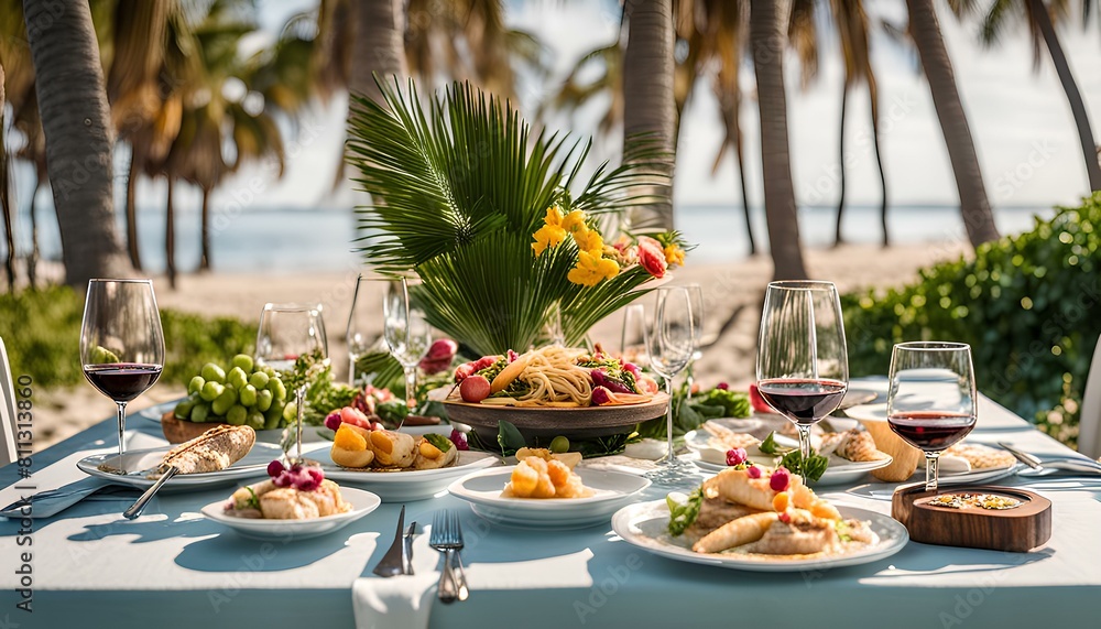 A table with food on the beach. A table with food on the beach.