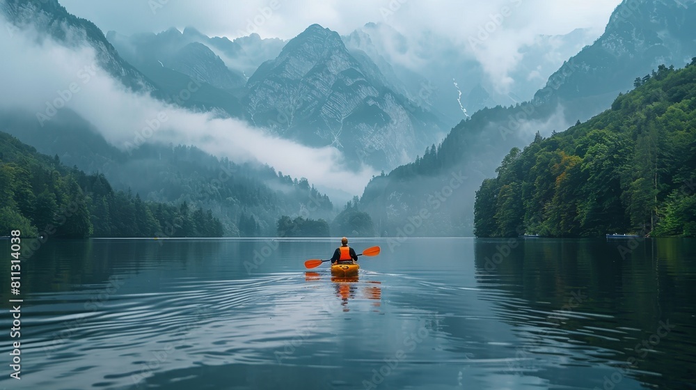 A kayaker paddling through a tranquil lake