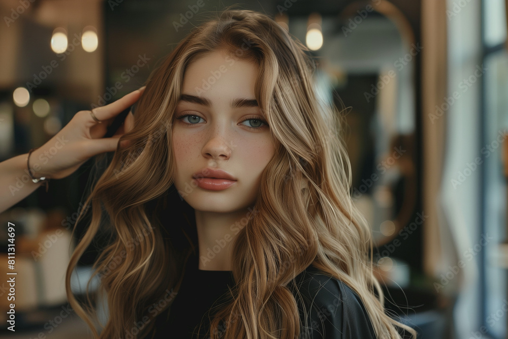 In an atmosphere full of professionalism, in an exclusive hairdressing salon, an experienced hairdresser transforms a young woman's long, healthy hair into a phenomenal hairstyle. In an atmosphere full of professionalism, in an exclusive hairdressing salon, an experienced hairdresser transforms a young woman's long, healthy hair into a phenomenal hairstyle.