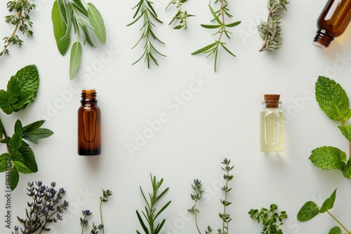 A bottle of lavender oil is next to a bottle of peppermint oil with a copy space