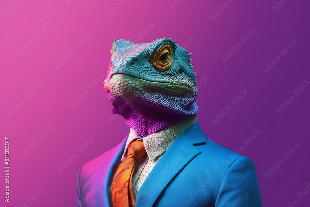 Lizard in a colorful suit and tie. Vibrant colors. Dressed and standing like a businessman Lizard in a colorful suit and tie. Vibrant colors. Dressed and standing like a businessman