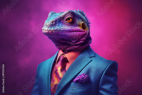 Lizard in a colorful suit and tie. Vibrant colors. Dressed and standing like a businessman