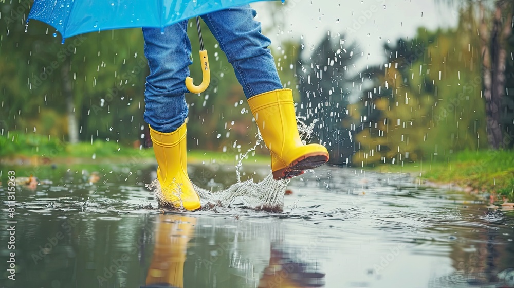 Fototapeta premium a child, adorned in vibrant rain boots, leaps into puddles with an umbrella in hand, creating a playful cascade of splashing water.