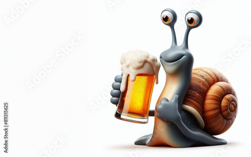 Illustration of cute snail character with beer glass isolated on white background, copy space for text