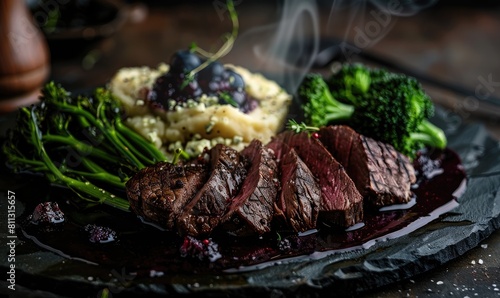 Juicy steak topped with blue cheese and broccolini served on a rustic plate, gourmet restaurant meal. photo