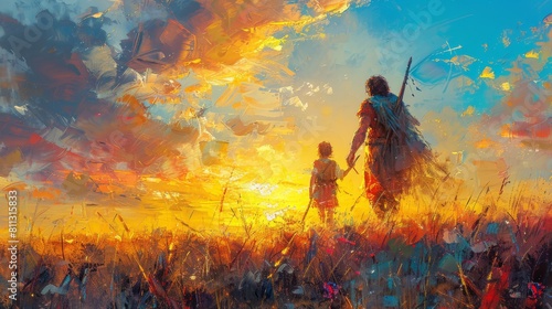 In this oil painting, David defeats a giant warrior with a slingshot and a stone. The concept is triumph. A vibrant sunset background sets the scene for the epic tale.