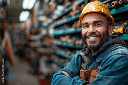 Happy Latin construction worker buying a rotary hammer tool at a construction tools store photo