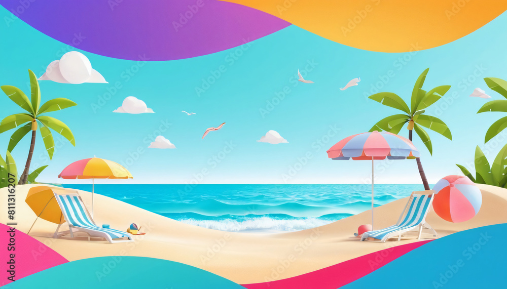 beach summer beach objects toys glasses fruits pineapples drinks set vector illustration 3d