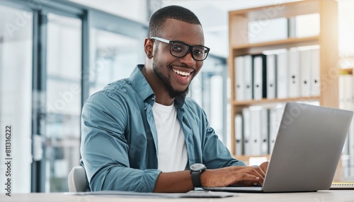 Happy Programmer Smiling at Work Coding Success with Laptop and Email