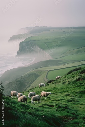 Herd of Sheep Standing on Top of Lush Green Hillside