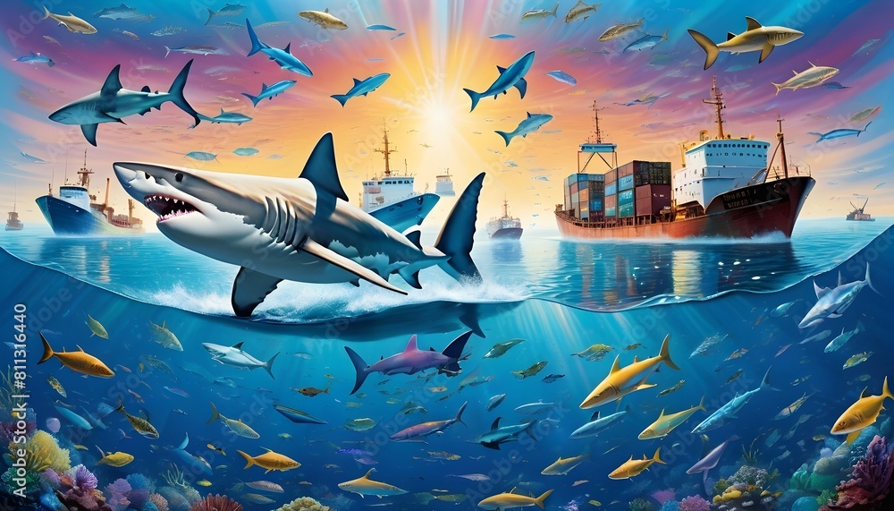 Obraz premium world oceans day with a view of ocean including fishes shark fishes and whales along sunrays and clouds