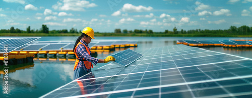 Banner of black female worker checking photovoltaic module in floating solar panel platform on water