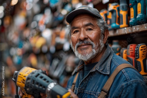 Happy Latin construction worker buying a rotary hammer tool at a construction tools store
