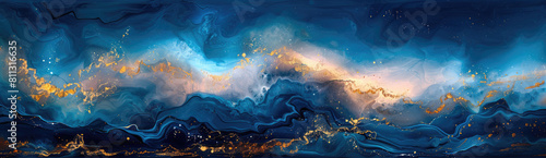 Abstract blue and gold painting of the sky with clouds over mountains, fantasy landscape. Created with Ai photo