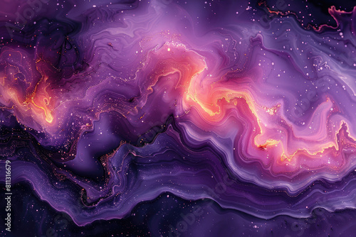 A dark purple and pink nebula with swirling patterns of glowing orange  yellow  red  violet and white. The background is a deep black space filled with stars. Created with Ai