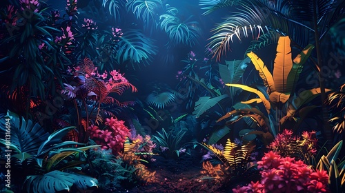 A lush jungle scene bathed in the glow of neon lights  highlighting exotic plants and colorful flowers illuminated against a dark backdrop