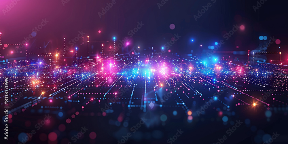 Abstract digital background with glowing lights and data connections on dark purple, blue, pink colors. Created with Ai