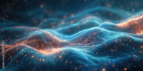 A background of glowing blue and orange waves, with particles floating in the air. The background is dark navy blue. Created with Ai photo