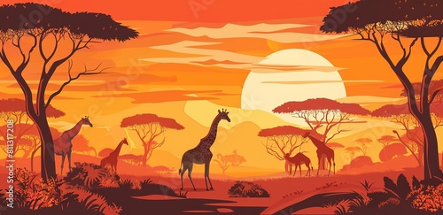 A flat illustration of an African savannah landscape with giraffes and acacia trees under the setting sun