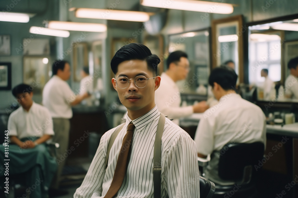 Picture of Asian barbershop. Professional male hairstylist in salon Picture of Asian barbershop. Professional male hairstylist in salon