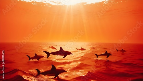 world oceans day with a view of ocean including fishes shark fishes and whales along sunrays and clouds