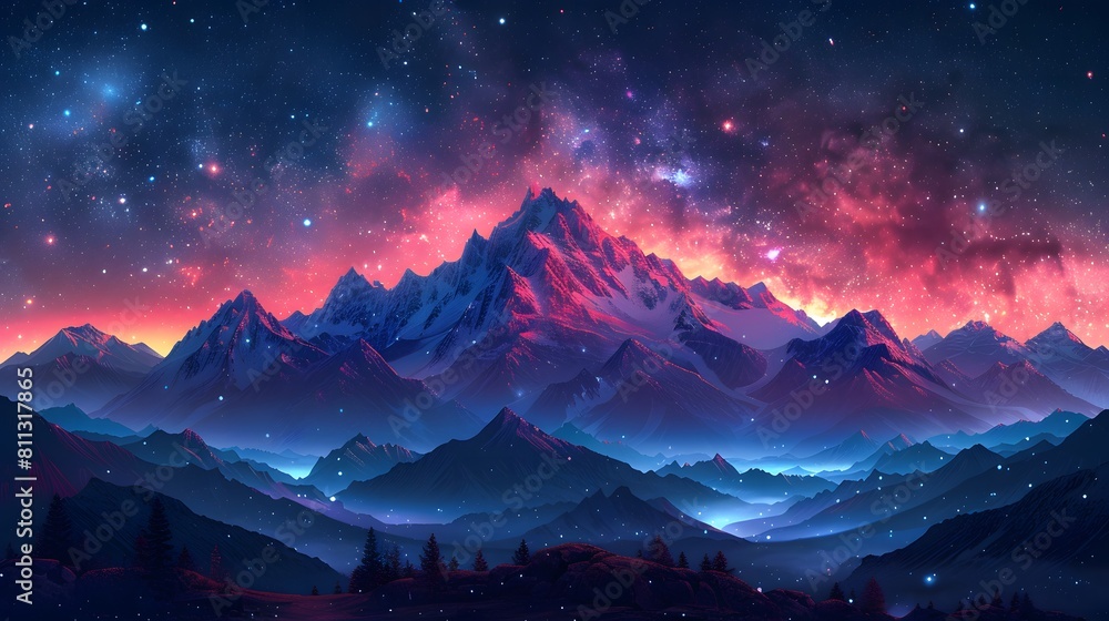 illustration of a mountain range under a starry night sky. The Milky ...