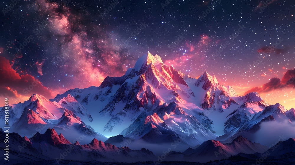 illustration of a mountain range under a starry night sky. The Milky ...