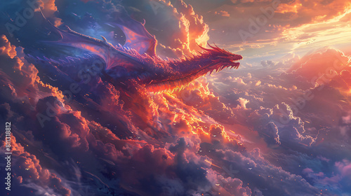 A majestic dragon soaring through a sky filled with colorful clouds, its scales shimmering in the sunlight as it glides over a sprawling fantasy landscape