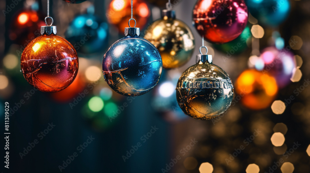 Christmas background - colourful baubles and branch of spruce tree