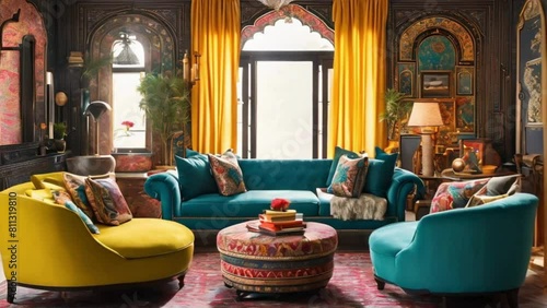 A mixture of bold hues, diverse patterns, and distinct furniture items amalgamate to shape a space teeming with personality and flair.