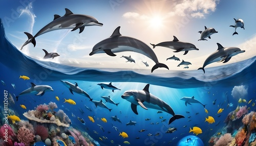 world oceans day with a view of ocean including fishes shark fishes and whales along sunrays and clouds