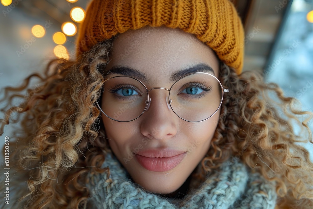 A young woman in a winter setting wearing stylish glasses, focusing on her alluring blue eyes A young woman in a winter setting wearing stylish glasses, focusing on her alluring blue eyes
