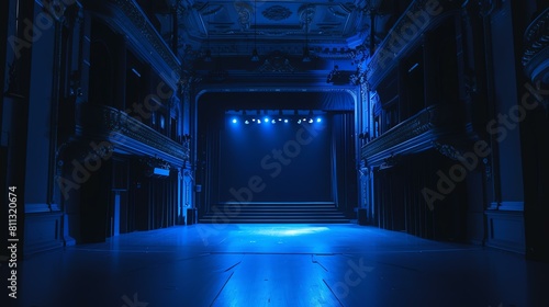 An empty theater stage is lit by a blue light. The stage is bare, with no props or scenery. The auditorium is dark and empty. photo